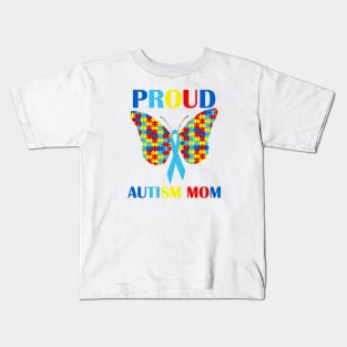 Autism Proud Mom Puzzle Piece Butterfly Ribbon Kids T-Shirt